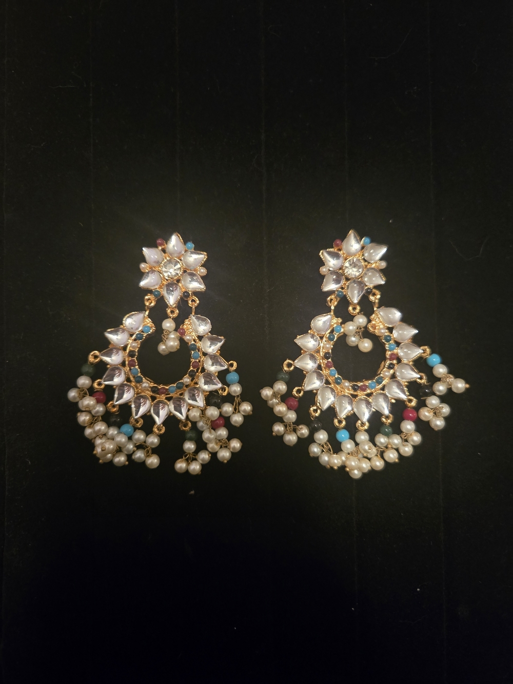 NWOT Pakistani Desi Indian Multicolor Kundan Chaand Bali Large Earrings